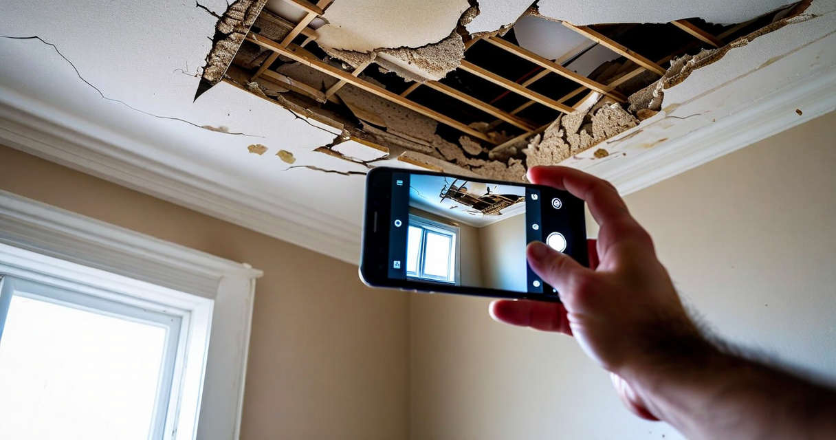 Person photographing household damage with a smartphone for an insurance claim