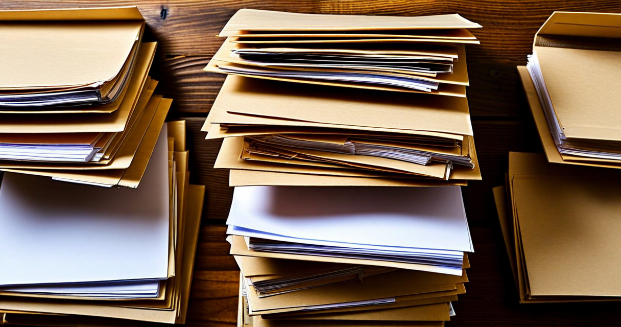Stacked folders representing duplicate paperwork on a wooden desk
