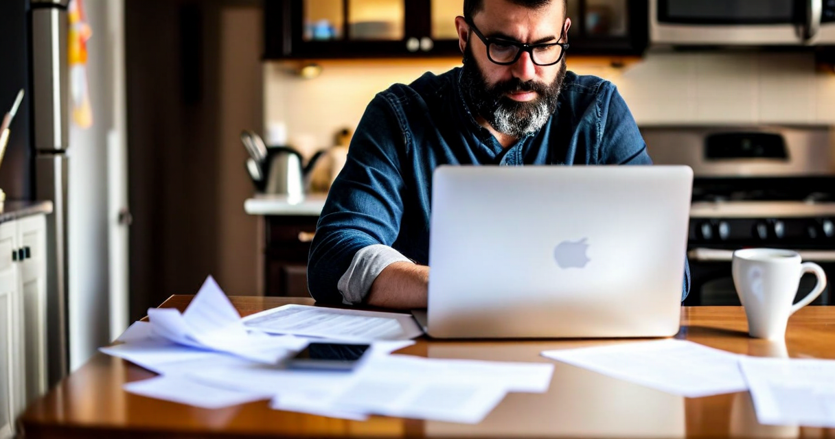 Freelancer working at kitchen table with laptop and papers, professional setting