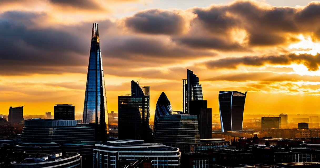 London city skyline at dusk with fintech company office buildings visible