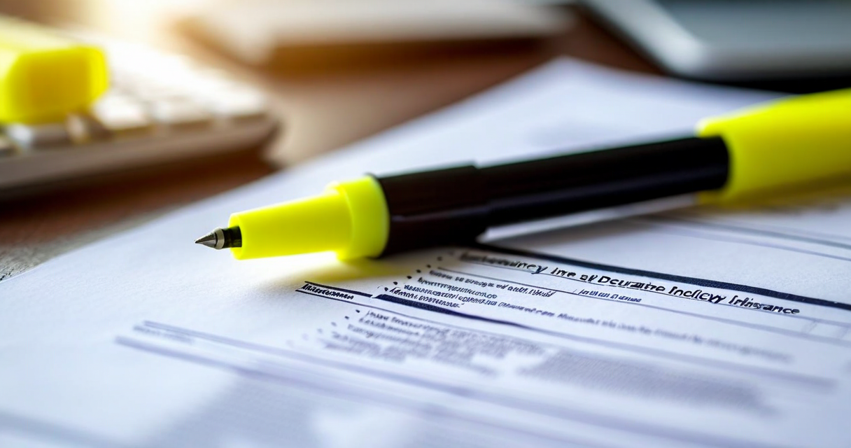 Close-up of a UK insurance policy schedule document with a highlighter pen