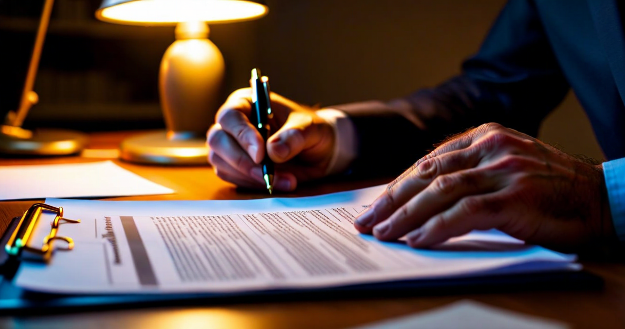 Person reading fine print on insurance document under desk lamp