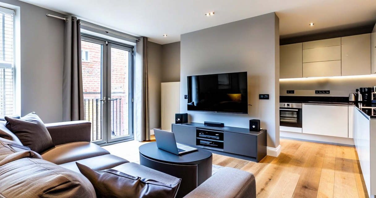 Interior of a well-furnished UK rental apartment with electronics and furniture visible