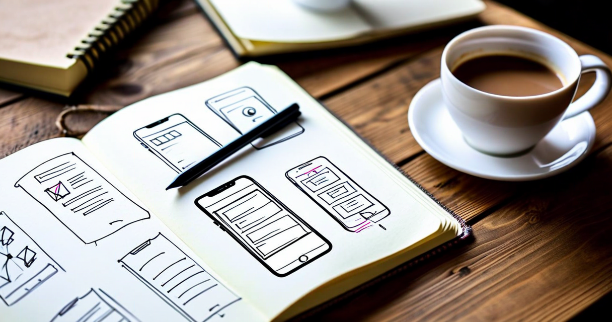 Notebook with sketched wireframes of the Rehuman app, coffee mug nearby